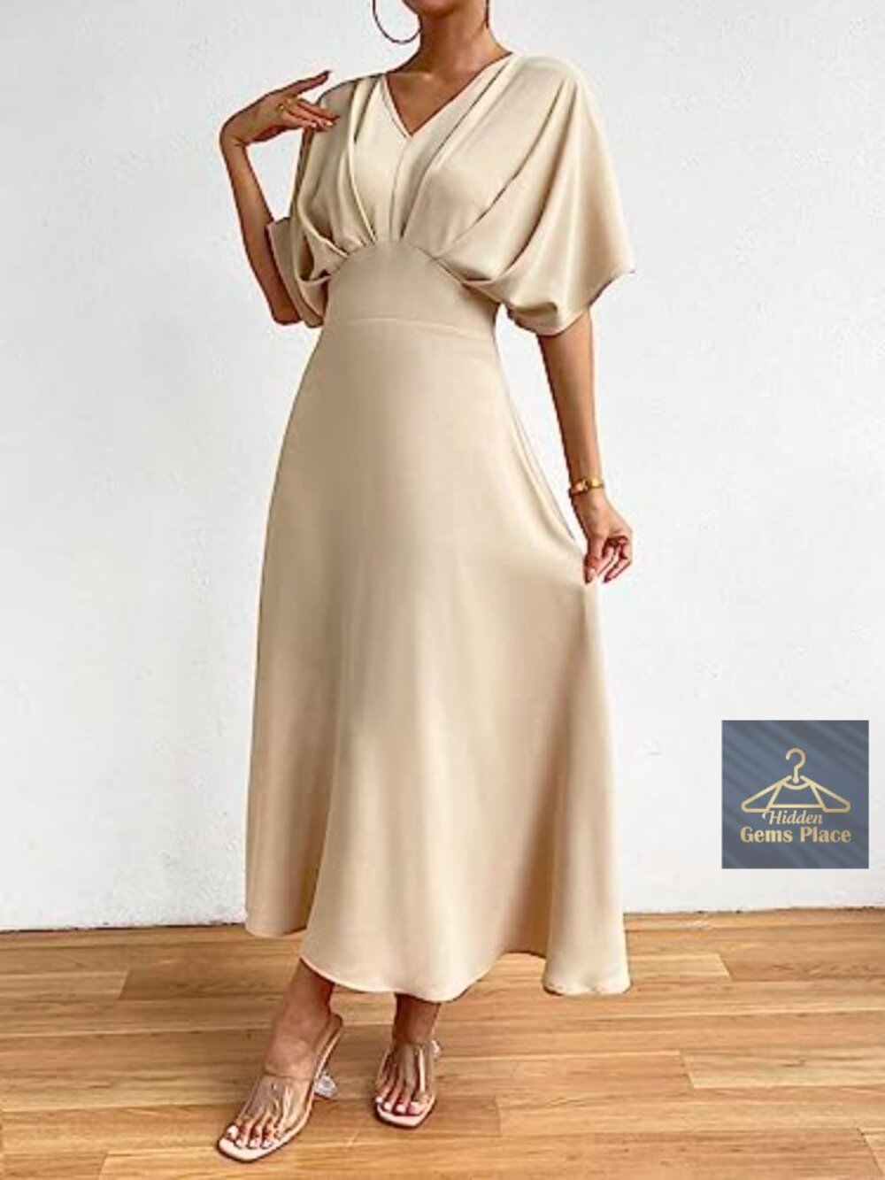 V-Neck Ruched Cocktail Dress with Batwing Sleeves, A-Line Long Formal - Picture 4 of 5